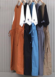 Women tie waist Khaki Cotton big hem Summer Holiday Dress - SooLinen