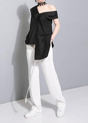 Women tie waist cotton crane tops Sleeve black blouses summer - SooLinen