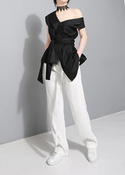Women tie waist cotton crane tops Sleeve black blouses summer - SooLinen