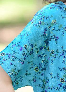 Women tie waist cotton dress Tutorials blue print long Dress summer - SooLinen