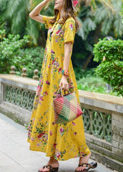 Women tie waist cotton quilting dresses design yellow print Dresses summer - SooLinen