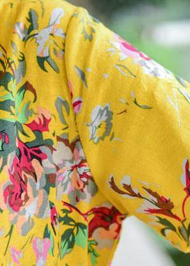 Women tie waist cotton quilting dresses design yellow print Dresses summer - SooLinen