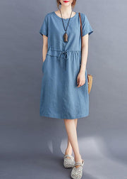Women tie waist o neck linen summer Robes Wardrobes blue Dress - SooLinen