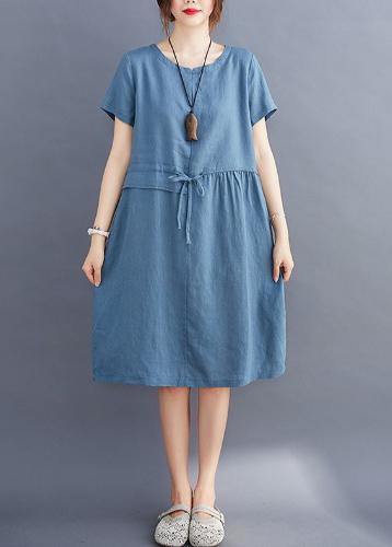 Women tie waist o neck linen summer Robes Wardrobes blue Dress - SooLinen