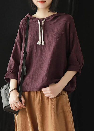 Women top silhouette 2019 Linen Summer Literary burgundy Hooded Three Quarter Sleeve T-shirt - SooLinen