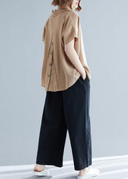 Women v neck Button Down linen shirts women Plus Size Gifts khaki tunic blouses Summer - SooLinen