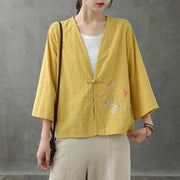 Women v neck Chinese Button tops blouses pattern yellow shirts - SooLinen