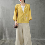 Women v neck Chinese Button tops blouses pattern yellow shirts - SooLinen