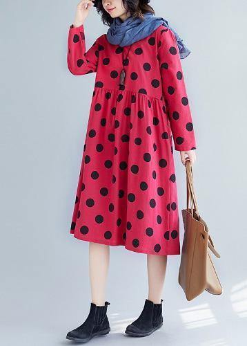 Women v neck Cotton quilting dresses Tunic Tops red dotted Dress fall - SooLinen