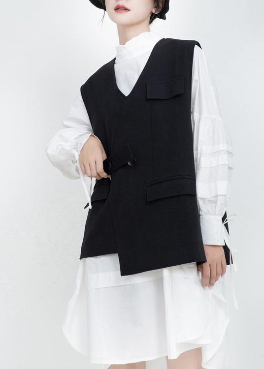 Women V Neck Fine Sleeveless Outwear Black Silhouette Women Coats - SooLinen