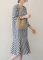 Women v neck Ruffles Cotton clothes Neckline striped Dresses - SooLinen
