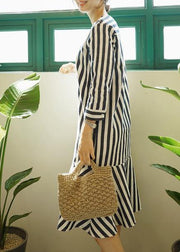 Women v neck Ruffles Cotton clothes Neckline striped Dresses - SooLinen