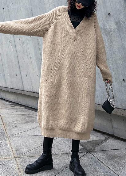 Women v neck Sweater dress outfit Largo khaki tunic sweater dress - SooLinen