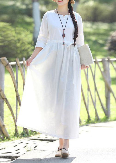 Women v neck Three Quarter sleeve linen cotton Long Shirts Vintage Tutorials white Traveling Dresses Summer - SooLinen