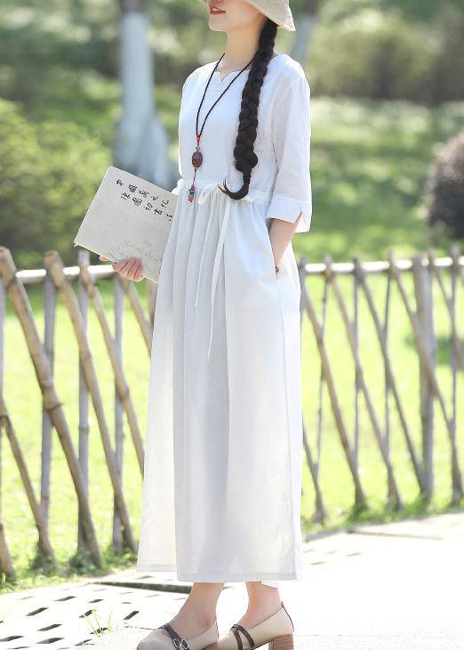 Women v neck Three Quarter sleeve linen cotton Long Shirts Vintage Tutorials white Traveling Dresses Summer - SooLinen
