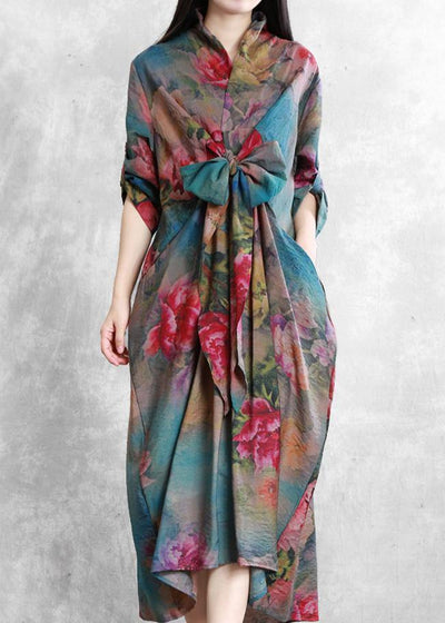 Women v neck asymmetric clothes Tunic Tops floral Dresses - SooLinen