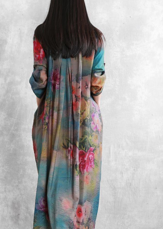 Women v neck asymmetric clothes Tunic Tops floral Dresses - SooLinen