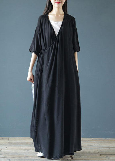 Women v neck asymmetric cotton summer Tunics pattern black Maxi Dresses - SooLinen