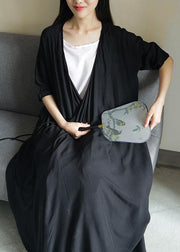 Women v neck asymmetric cotton summer Tunics pattern black Maxi Dresses - SooLinen
