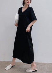 Women v neck back side open summer quilting clothes Tutorials black Kaftan Dress - SooLinen