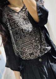 Women v neck cotton blouses for women Shirts black prints blouse fall - SooLinen