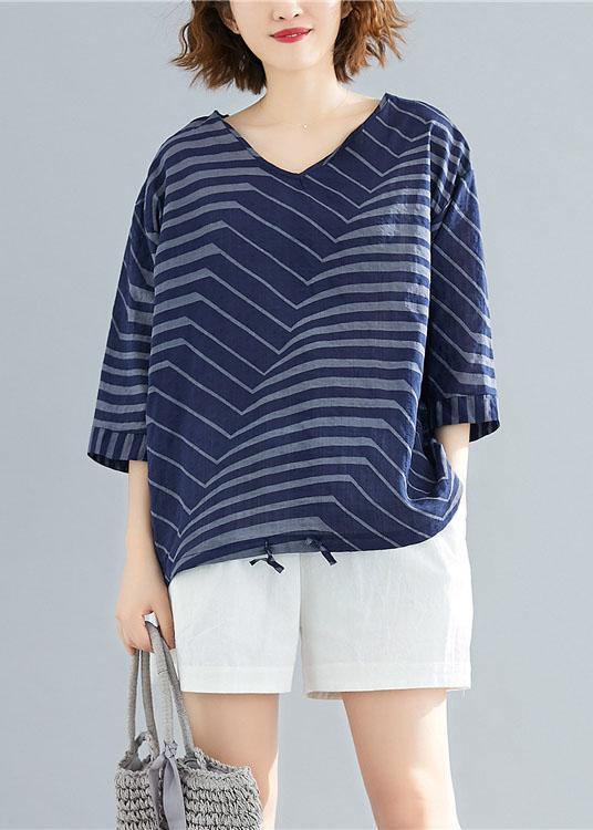 Women v neck cotton linen shirts blue striped short blouses summer - SooLinen