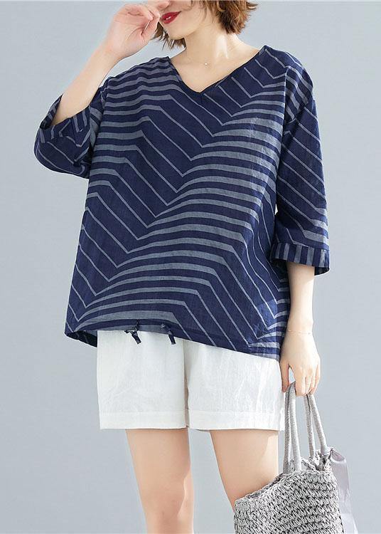 Women v neck cotton linen shirts blue striped short blouses summer - SooLinen