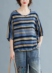 Women v neck cotton summerTunic blue striped tunic top - SooLinen