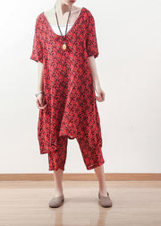 Frauen V-Ausschnitt Crop Hosen Leinenkleidung für Frauen feine Outfits rot floral Plus Size zwei Stücke Sommer