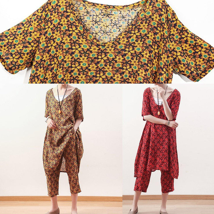 Frauen V-Ausschnitt Crop Hosen Leinenkleidung für Frauen feine Outfits rot floral Plus Size zwei Stücke Sommer