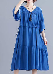 Women v neck drawstring Cotton Catwalk blue Dress summer - SooLinen