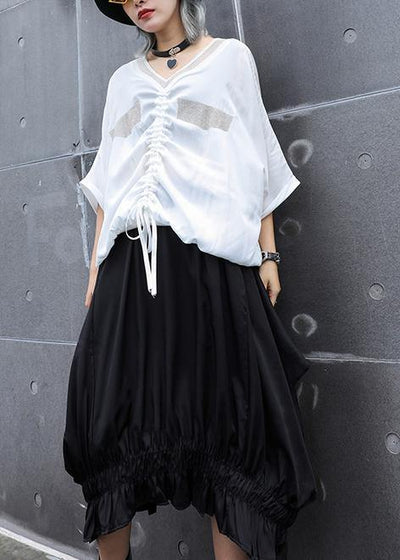Women v neck drawstring cotton shirts Work black top summer - SooLinen