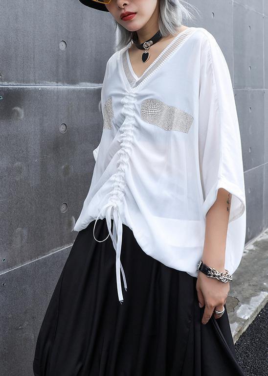 Women v neck drawstring cotton shirts Work black top summer - SooLinen