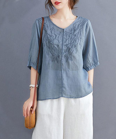 Women v neck embroidery tops women pattern blue blouse - SooLinen