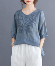 Women v neck embroidery tops women pattern blue blouse - SooLinen
