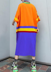 Women v neck half sleeve cotton clothes Inspiration orange blue patchwork Plus Size Dress summer - SooLinen
