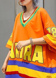 Women v neck half sleeve cotton clothes Inspiration orange blue patchwork Plus Size Dress summer - SooLinen