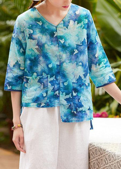 Women v neck half sleeve linen clothes For Women Shape blue prints shirt summer - SooLinen