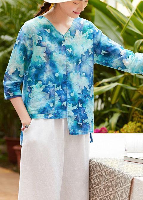 Women v neck half sleeve linen clothes For Women Shape blue prints shirt summer - SooLinen