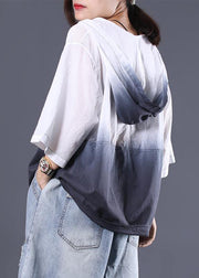 Women v neck hooded cotton clothes For Women white gradient color cotton summer shirts - SooLinen