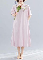 Women v neck linen clothes Neckline pink embroidery Dress summer - SooLinen