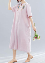 Women v neck linen clothes Neckline pink embroidery Dress summer - SooLinen