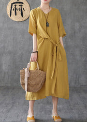 Women v neck linen clothes Online Shopping yellow Dresses - SooLinen