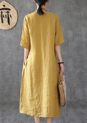 Women v neck linen clothes Online Shopping yellow Dresses - SooLinen