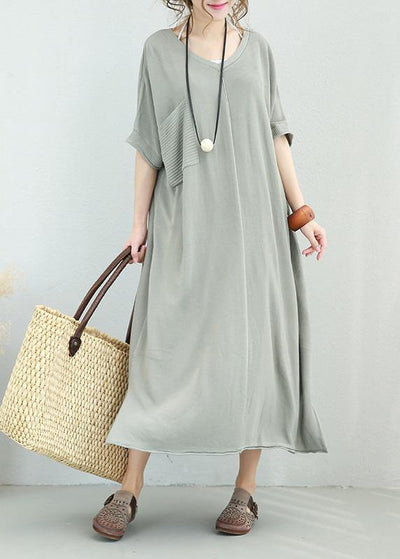 Women v neck linen dress Shirts light gray Dress side open summer - SooLinen