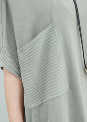 Women v neck linen dress Shirts light gray Dress side open summer - SooLinen