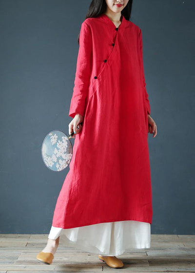 Women v neck long sleeve Tunics Outfits red Maxi Dress - SooLinen
