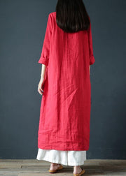 Women v neck long sleeve Tunics Outfits red Maxi Dress - SooLinen