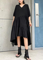 Women v neck low high design cotton summer black Kaftan Dress - SooLinen