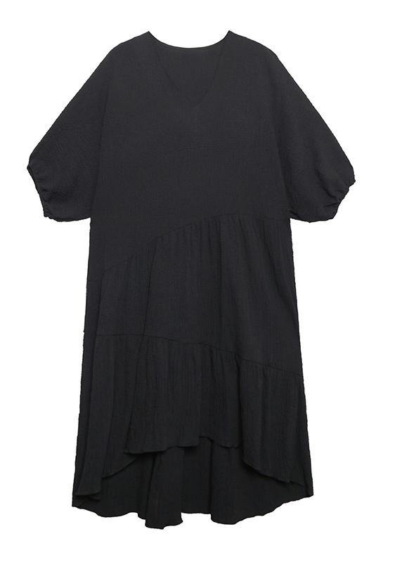 Women v neck low high design cotton summer black Kaftan Dress - SooLinen